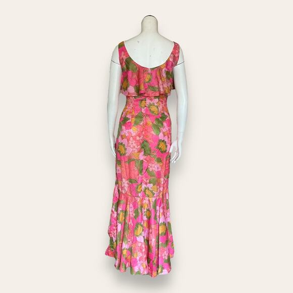Vintage Hawaiian Pink Floral Mermaid Dress | Ruffle Scoop Neck - Picture 3 of 8
